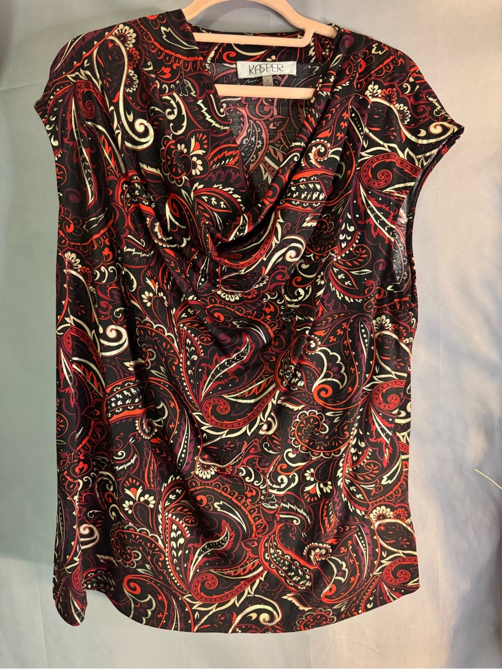 Kasper Black Red and Cream Paisley Cowl Neck Blouse